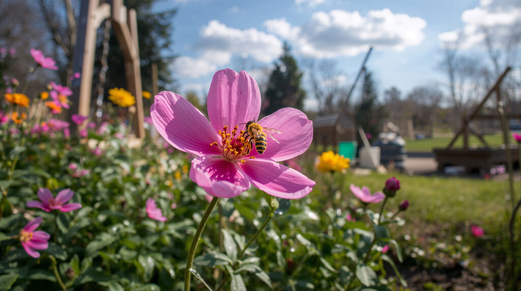 Des mains portant des gants de jardinage modernes plantent une vivace à fleurs roses dans une terre brune humide