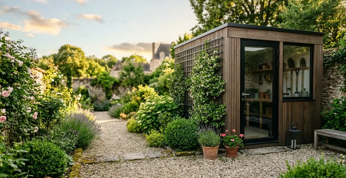 Abri de jardin moderne bien organisé avec outils suspendus et étagères fonctionnelles dans un jardin français
