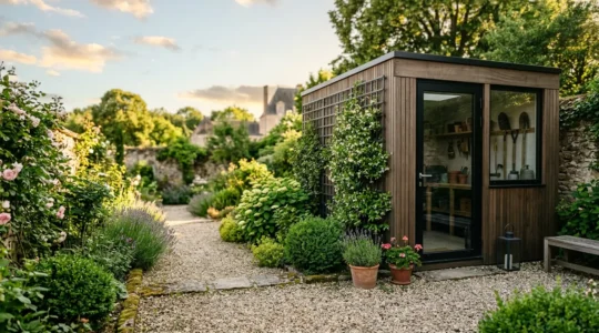 Abri de jardin moderne bien organisé avec outils suspendus et étagères fonctionnelles dans un jardin français
