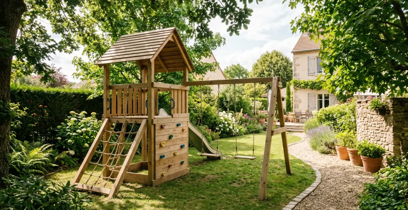 Aire de jeux en bois naturel dans un jardin français avec portique et toboggan, configuration compacte et modulaire