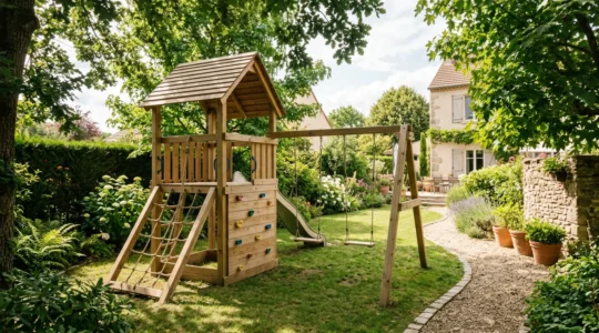 Aire de jeux en bois naturel dans un jardin français avec portique et toboggan, configuration compacte et modulaire