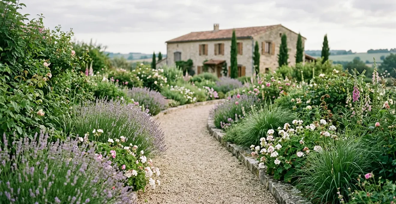 Allée de jardin végétalisée bordée de vivaces fleuries et de matériaux perméables en France