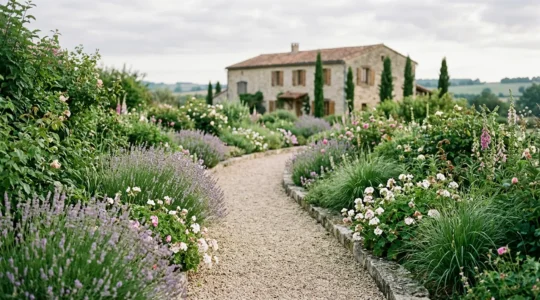 Allée de jardin végétalisée bordée de vivaces fleuries et de matériaux perméables en France