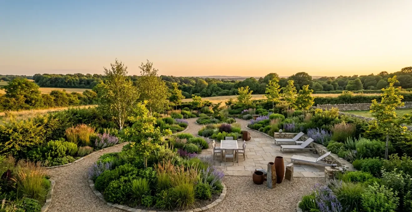 Plan d'aménagement de jardin avec outils de conception et végétation harmonieuse