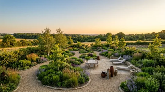 Plan d'aménagement de jardin avec outils de conception et végétation harmonieuse