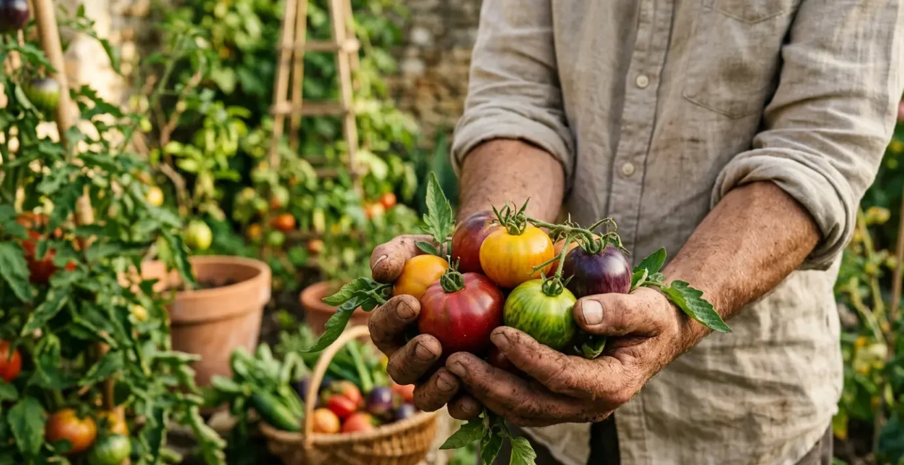 Mains tenant délicatement des tomates anciennes fraîchement récoltées dans un potager ensoleillé