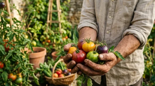 Mains tenant délicatement des tomates anciennes fraîchement récoltées dans un potager ensoleillé