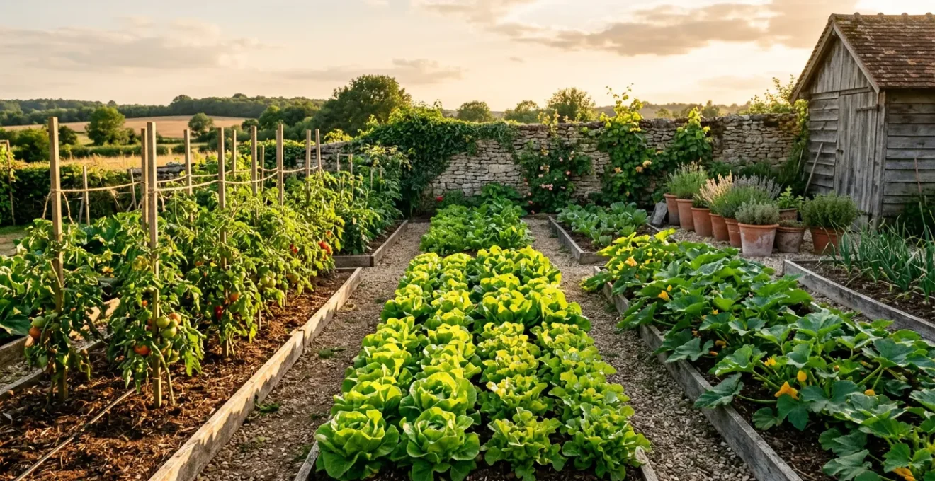 Potager familial français avec légumes variés et outils de jardinage naturel