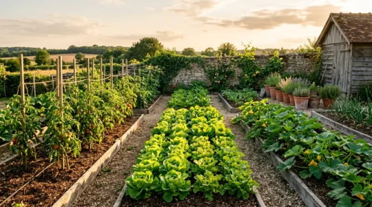 Potager familial français avec légumes variés et outils de jardinage naturel