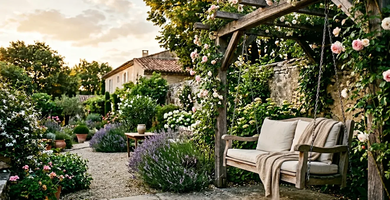 Balancelle suspendue dans un jardin paisible avec végétation en arrière-plan