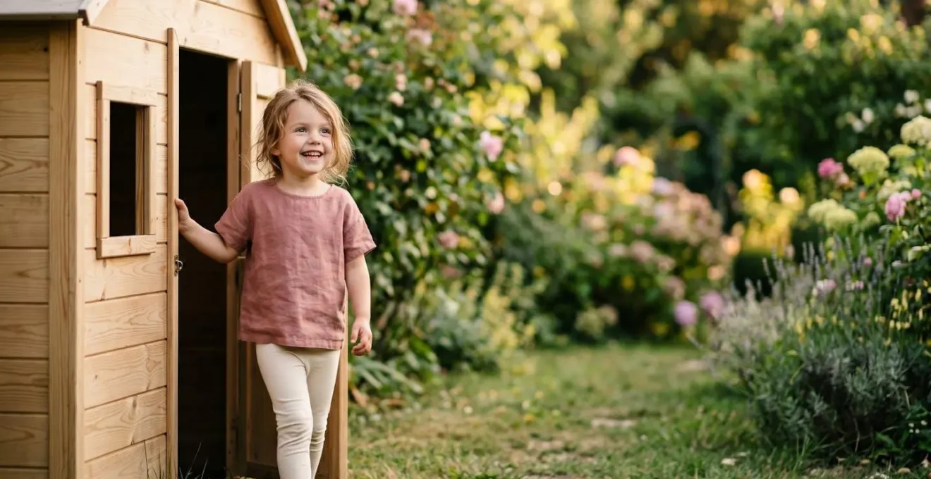 Enfant jouant dans une cabane en bois naturelle dans un jardin français