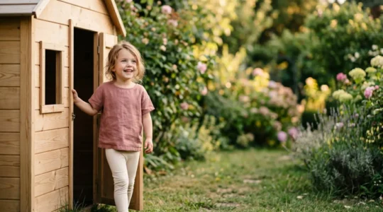 Enfant jouant dans une cabane en bois naturelle dans un jardin français