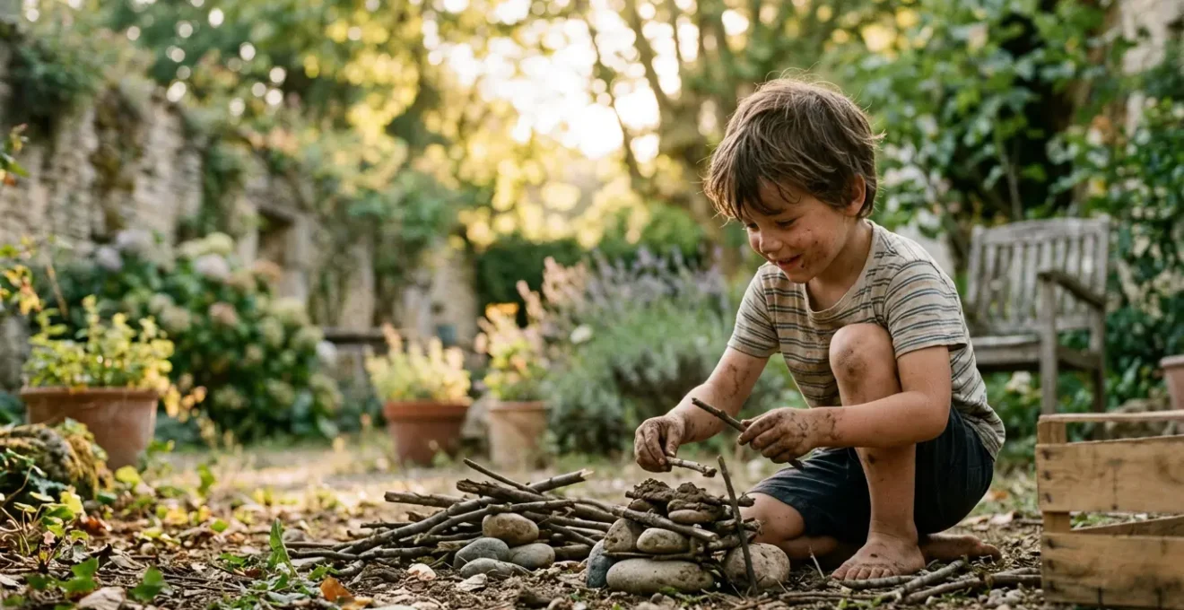 Enfant jouant librement dans un jardin naturel sans écran ni jouet structuré