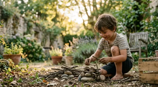 Enfant jouant librement dans un jardin naturel sans écran ni jouet structuré