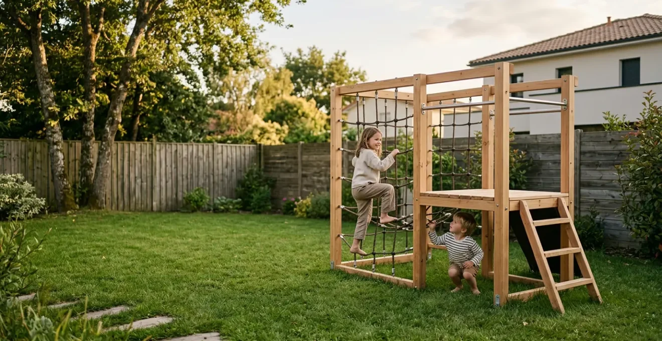 Enfants jouant librement sur une aire de jeux extérieure dans un jardin français ensoleillé