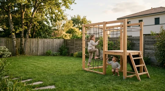 Enfants jouant librement sur une aire de jeux extérieure dans un jardin français ensoleillé