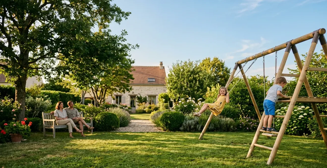 Enfants jouant en toute sécurité dans un jardin familial français équipé d'un portique et d'une balançoire