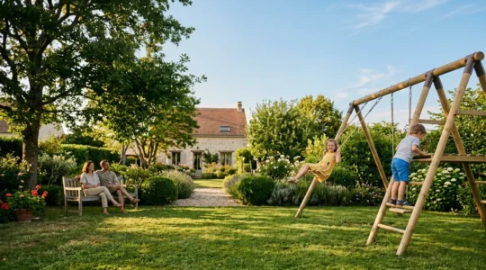 Enfants jouant en toute sécurité dans un jardin familial français équipé d'un portique et d'une balançoire