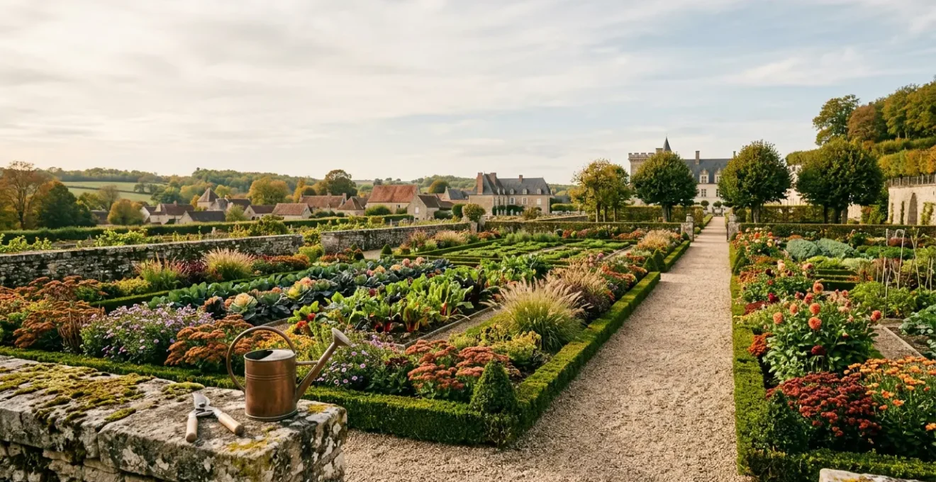 Jardin soigné à la française traversant les quatre saisons avec massifs fleuris et haies taillées