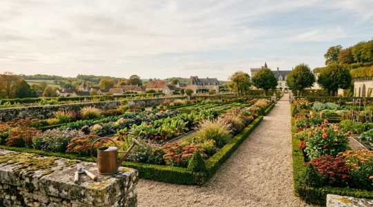 Jardin soigné à la française traversant les quatre saisons avec massifs fleuris et haies taillées