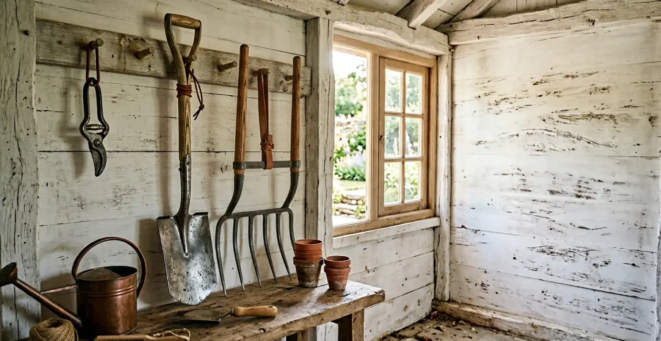 Outils de jardinage de qualité professionnelle disposés dans un atelier lumineux français