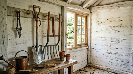 Outils de jardinage de qualité professionnelle disposés dans un atelier lumineux français