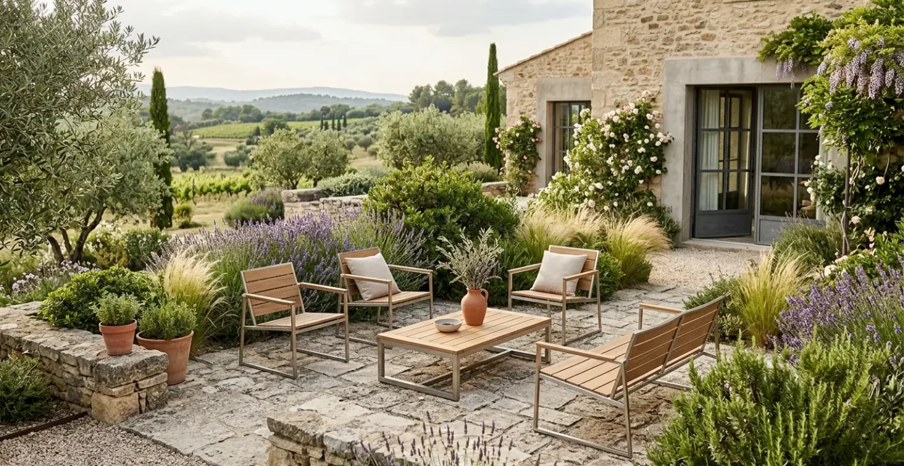 Espace extérieur design avec mobilier contemporain et végétation soignée transformant le jardin en pièce à vivre élégante