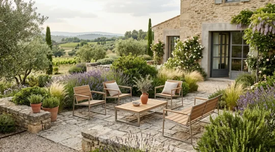 Espace extérieur design avec mobilier contemporain et végétation soignée transformant le jardin en pièce à vivre élégante