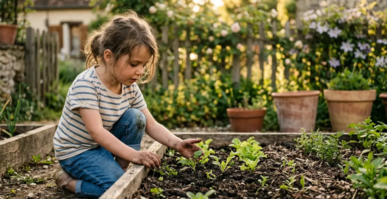 Enfant découvrant la conscience écologique à travers le jardinage d'un carré potager