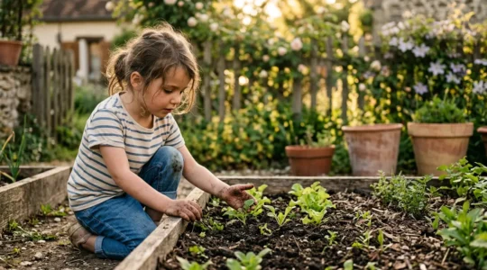 Enfant découvrant la conscience écologique à travers le jardinage d'un carré potager