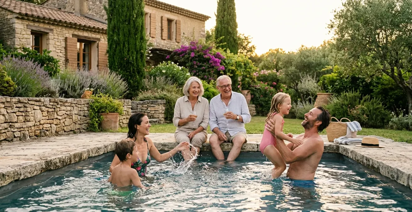 Famille multigénérationnelle profitant ensemble d'une piscine dans un jardin français