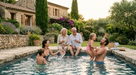 Famille multigénérationnelle profitant ensemble d'une piscine dans un jardin français