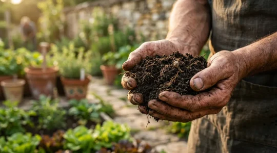 Mains de jardinier tenant du terreau de qualité riche et aéré dans un jardin potager français