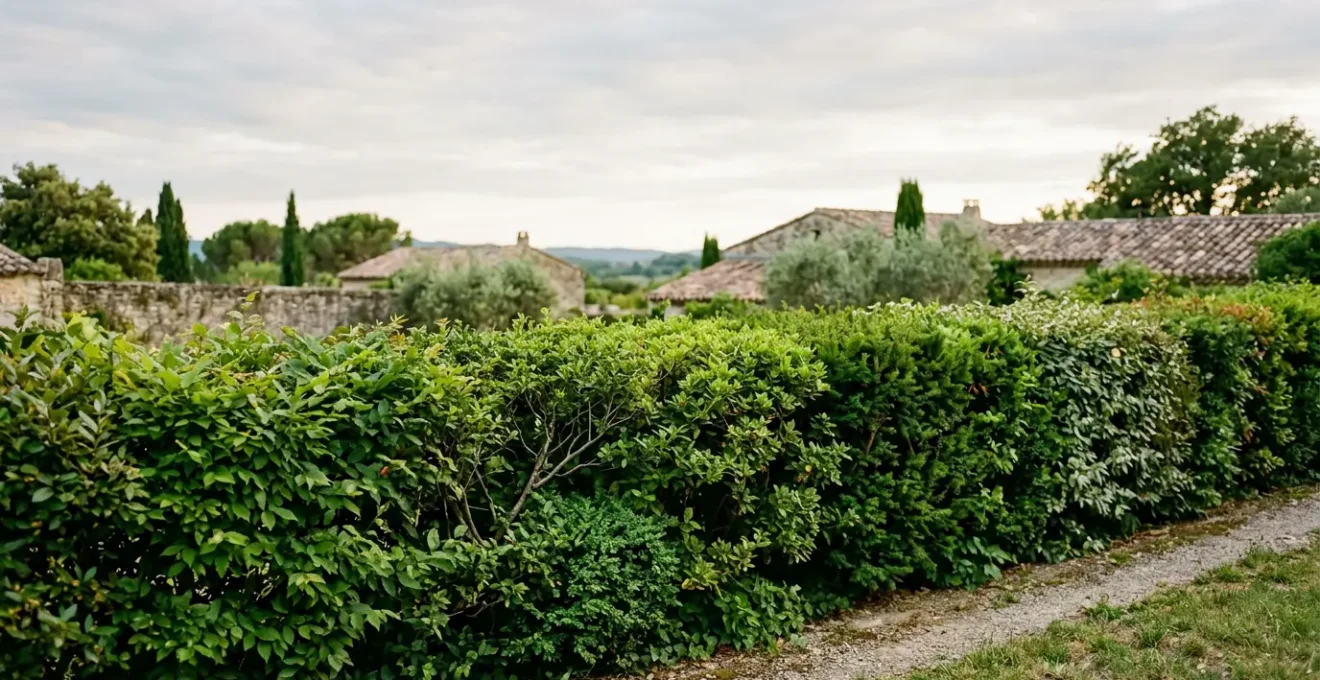 Haie d'arbustes verdoyants et denses dans un jardin français en toutes saisons