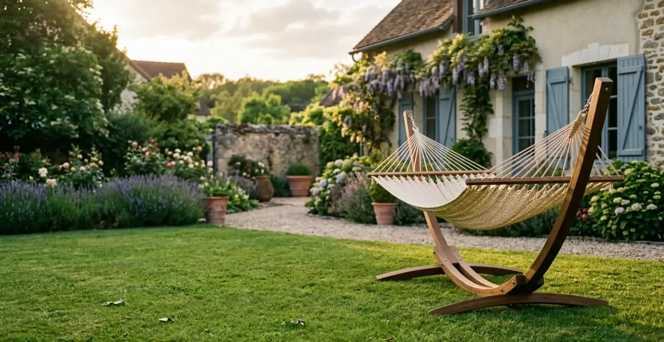 Hamac sur pied installé dans un jardin français ensoleillé, structure autoportante libérant de la contrainte des arbres
