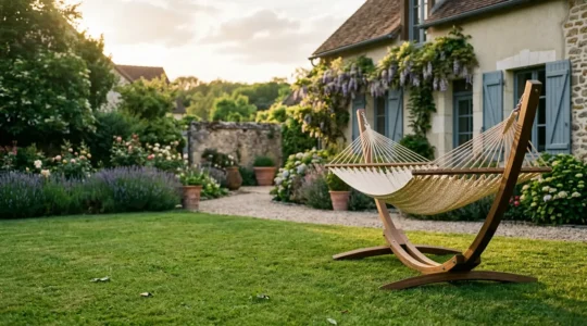 Hamac sur pied installé dans un jardin français ensoleillé, structure autoportante libérant de la contrainte des arbres