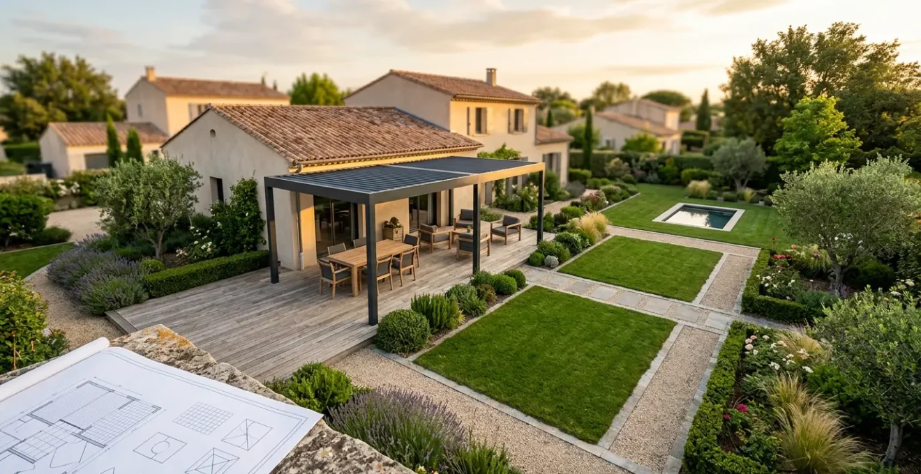 Vue aérienne d'un jardin aménagé avec terrasse, pergola et documentation administrative en arrière-plan