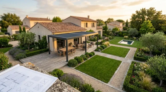 Vue aérienne d'un jardin aménagé avec terrasse, pergola et documentation administrative en arrière-plan