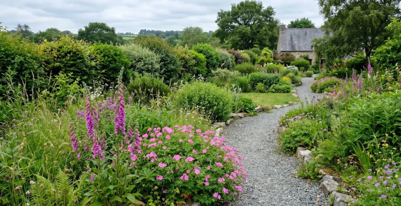 Un jardin breton naturel avec des massifs colorés de vivaces en fleurs et une haie bocagère variée sous un ciel nuageux lumineux