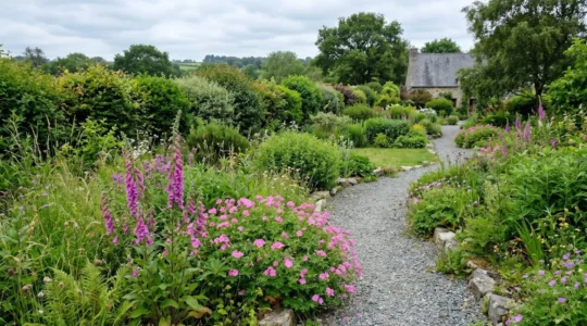Un jardin breton naturel avec des massifs colorés de vivaces en fleurs et une haie bocagère variée sous un ciel nuageux lumineux