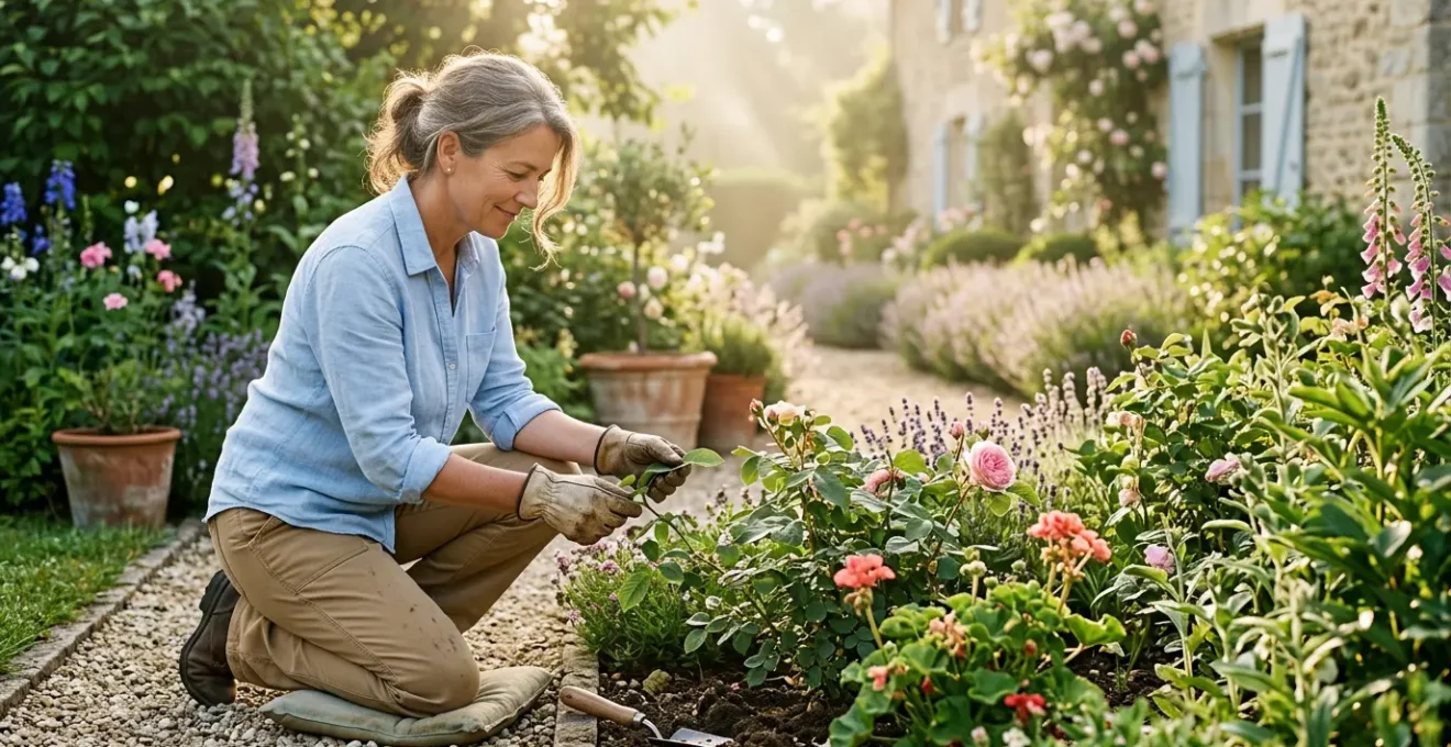 Jardinier dans un jardin français bien entretenu effectuant un geste d'entretien rapide au lever du soleil