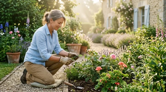 Jardinier dans un jardin français bien entretenu effectuant un geste d'entretien rapide au lever du soleil