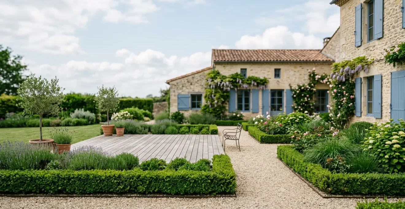 Jardin résidentiel français joliment aménagé avec terrasse en bois et espaces verts structurés