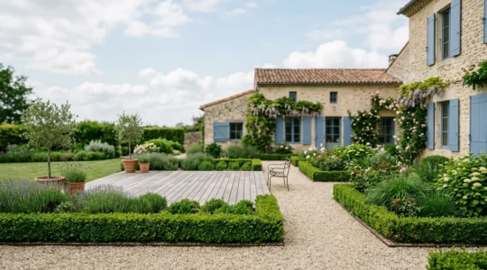 Jardin résidentiel français joliment aménagé avec terrasse en bois et espaces verts structurés