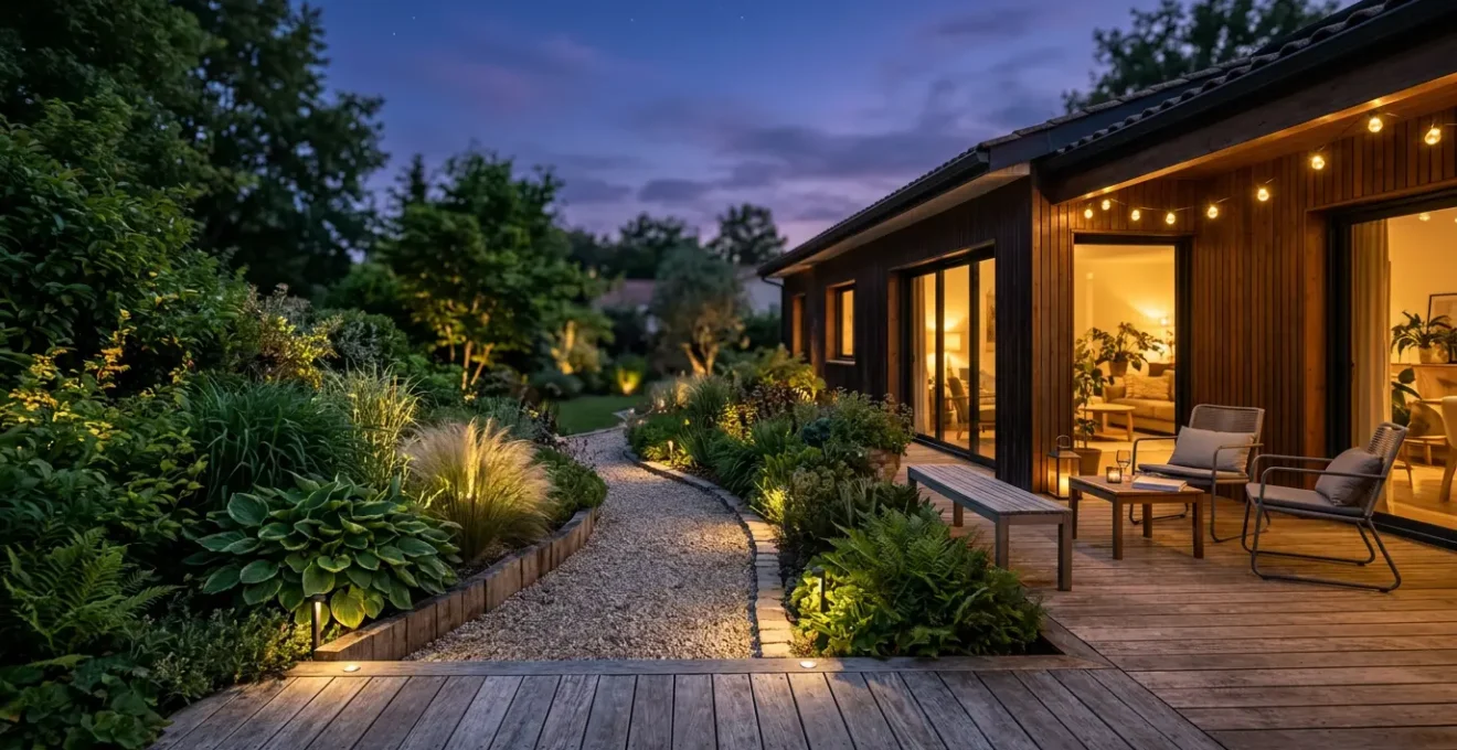 Jardin français contemporain éclairé à la tombée du jour avec spots LED discrets et ambiance chaleureuse