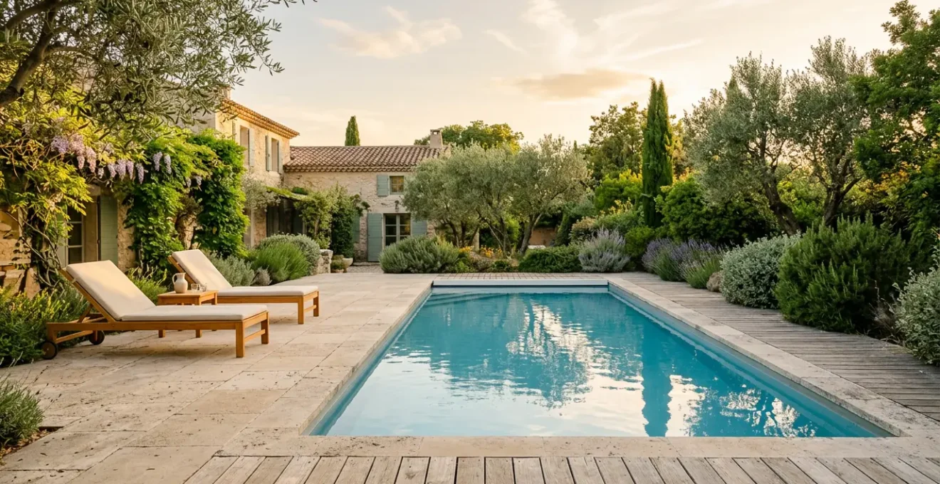 Vue panoramique d'un jardin français avec piscine enterrée et terrasse en bois, ambiance estivale luxueuse et paisible