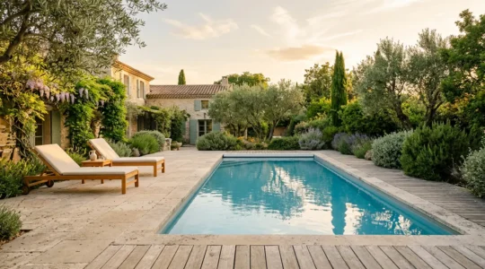Vue panoramique d'un jardin français avec piscine enterrée et terrasse en bois, ambiance estivale luxueuse et paisible