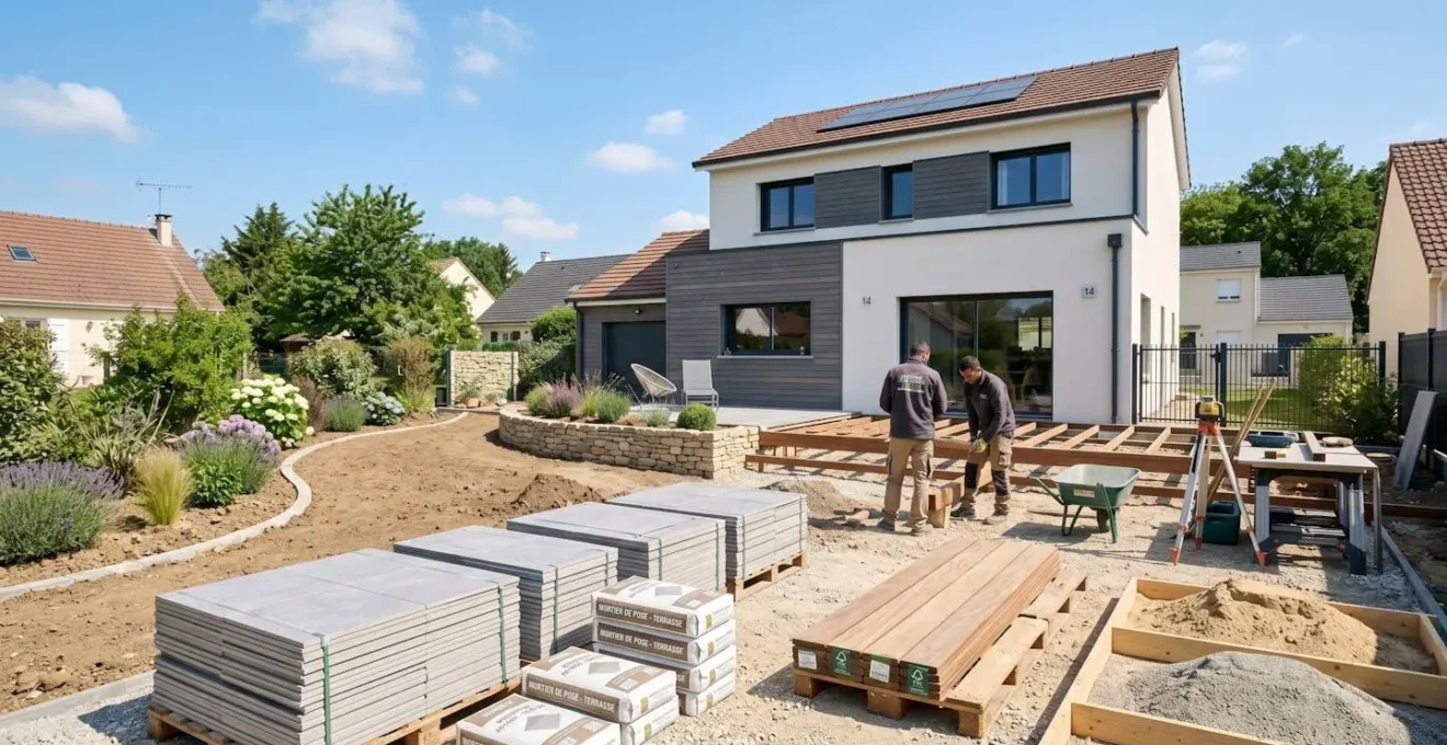 Vue large d'un jardin résidentiel français en cours d'aménagement paysager avec matériaux de terrasse au premier plan