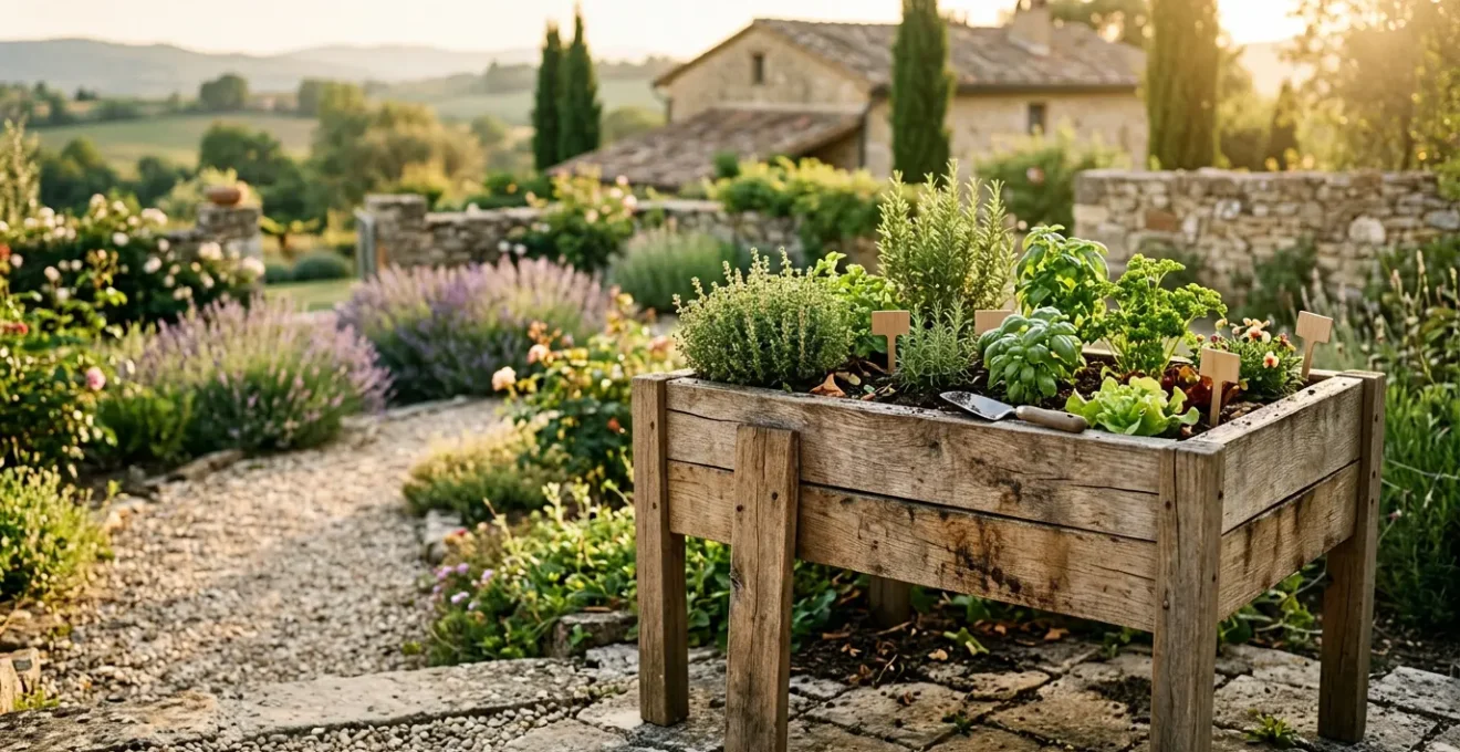 Jardin potager surélevé en bois permettant le jardinage debout, dans un environnement français apaisant