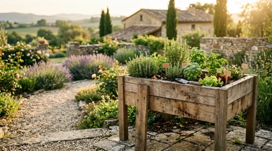 Jardin potager surélevé en bois permettant le jardinage debout, dans un environnement français apaisant